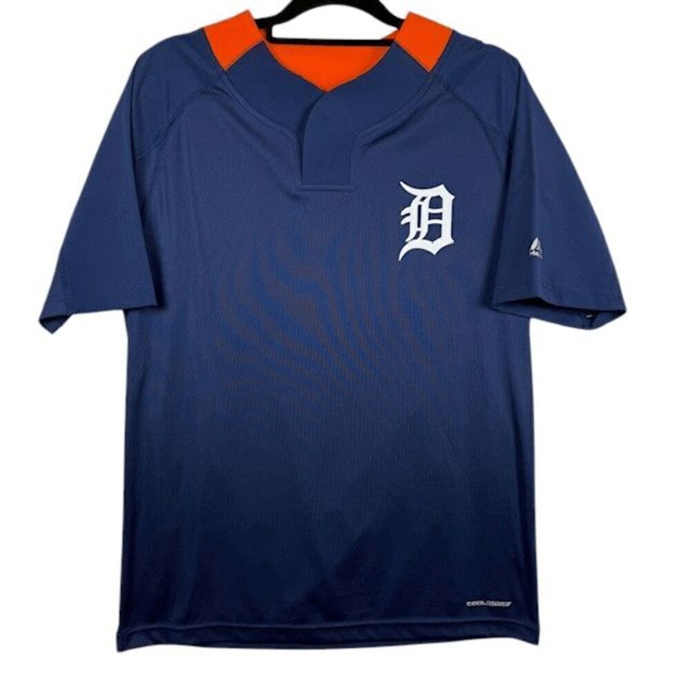 Detroit Tigers Majestic Cool Base Snap Collar Jersey Blue Orange Size Medium